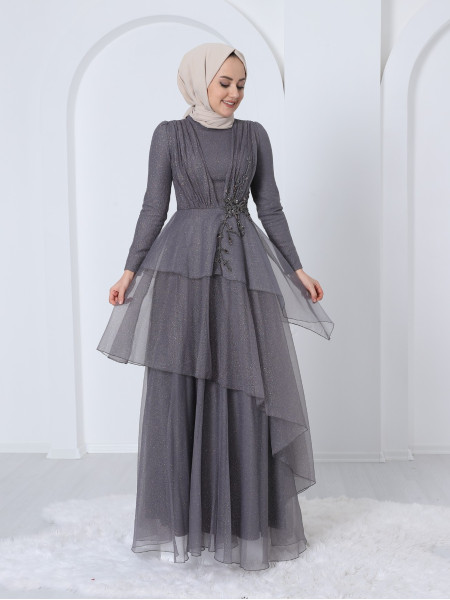 Asymmetrical Cut Layered Silvery Evening Dress -Grey