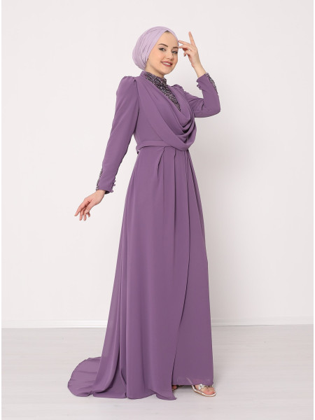 Sleeve and Front Pearl Stone Detailed Evening Dress -Lilac