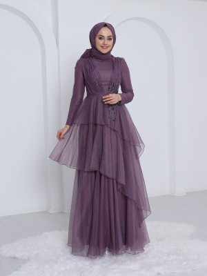 Asymmetrical Cut Layered Silvery Evening Dress -Lilac