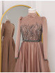 Judge Collar Front Stone Detailed Back Long Evening Dress -Mink color