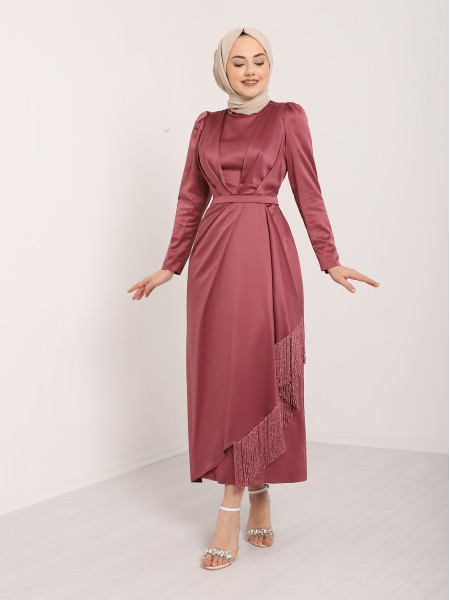 Judge Collar Skirt Tasseled Belt Evening Dress -Dried rose