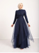 Judge Collar Rose Detailed Skirt Partial Tulle Evening Dress -Navy blue