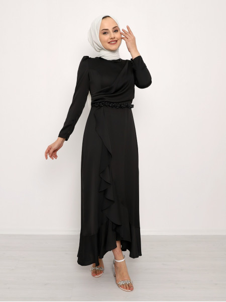 Frilly Skirt and Stone Waist Judge Collar Evening Dress  -Black