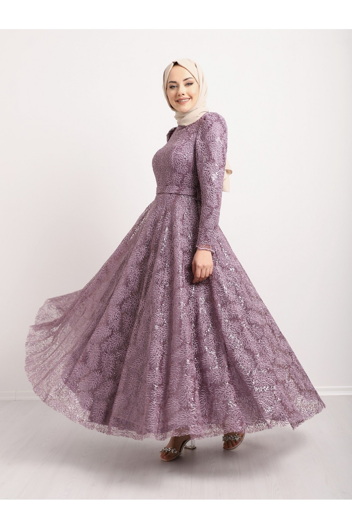 Zippered Arm Belted Sequin Embroidered Evening Dress - Purple