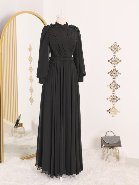 Belted Draped Detailed Beaded Chiffon Evening Dress -Black