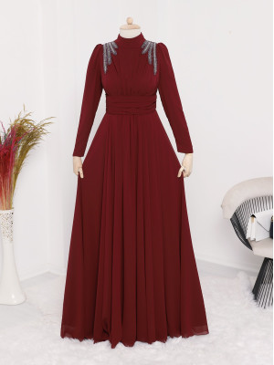 Waist Draped Shoulders Bead Embroidered Evening Dress -Maroon