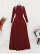 Waist Draped Shoulders Bead Embroidered Evening Dress -Maroon
