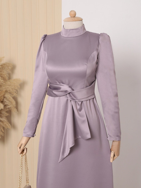 Judge Collar Belt Detailed Sleeve Buttoned Evening Dress -Lilac