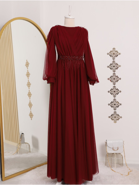 Tulle Evening Dress with Feather Waist and Stones -Maroon