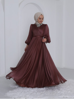 Stone Detailed Belted Chiffon Evening Dress -Dried rose