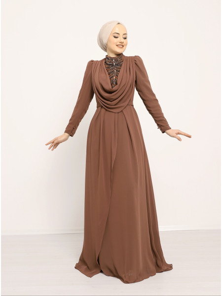 Sleeve and Front Pearl Stone Detailed Evening Dress -Brown