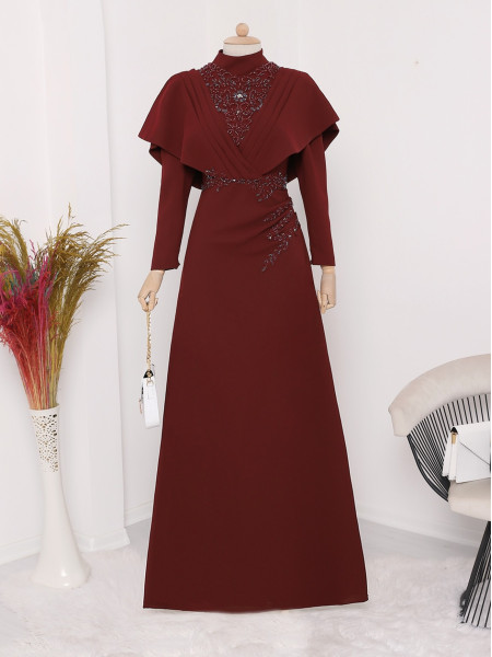 Waist and Front Embroidered Draped Evening Dress -Maroon