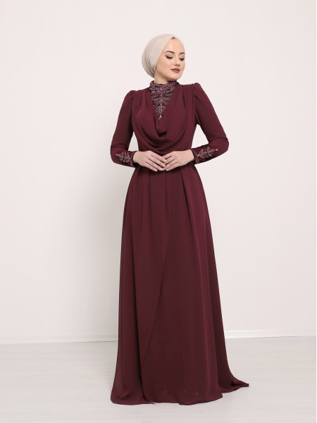 Sleeve and Front Pearl Stone Detailed Evening Dress -Maroon