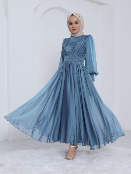 Chiffon Evening Dress with Front Drape Detailed Sleeve Buttons -Blue