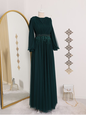 Tulle Evening Dress with Feather Waist and Stones -Emerald