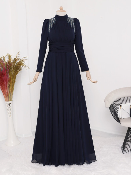 Waist Draped Shoulders Bead Embroidered Evening Dress -Navy blue