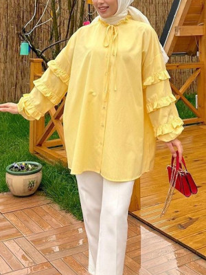 Ruffled Collar Lace-Up Shirt With Elastic Sleeves -Yellow