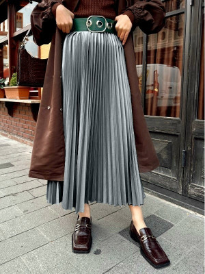 Pleated Elastic Waist Skirt  -Smoked 