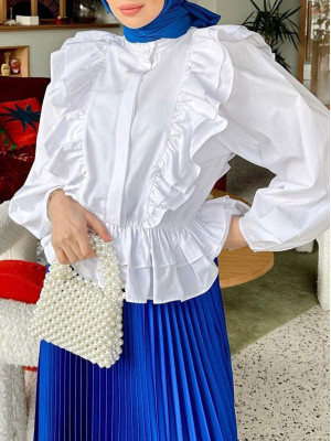 Ruffle Front And Skirt Elastic Waist Shirt -White