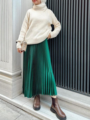 Pleated Elastic Waist Skirt -Emerald