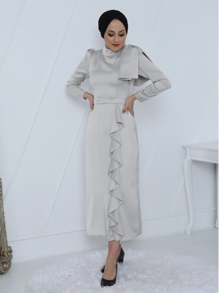 Frill Skirt Shoulder Detailed Satin Dress - Beige