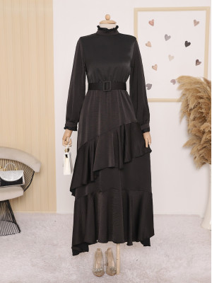 Sectional Frilly Front Satin Ayrobin Evening Dress -Black