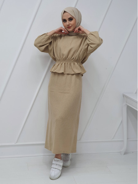 Elastic Waist and Sleeves Skirt Blouse Set -Mink color