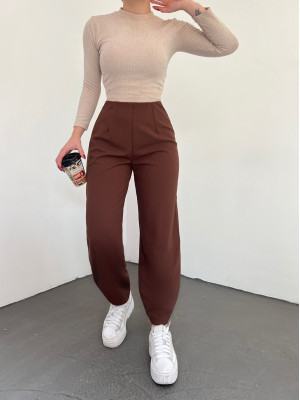 Balloon Trousers with Elastic Waist -Brown