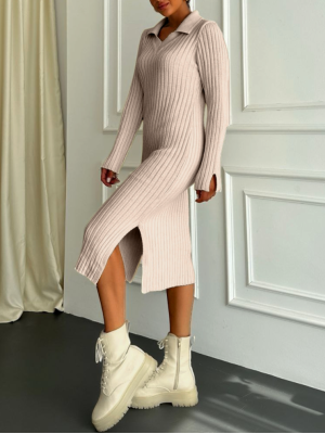 Yırtmaçlı Geniş Yakalı Triko Elbise  -Açık Vizon