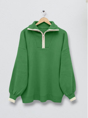 Half Zipper Turtleneck Knitwear Tunic  -Green