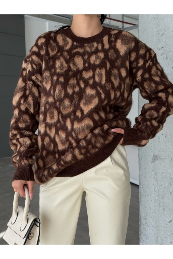 Leopar Desenli Yuvarlak Yaka Şardonlu Triko Tunik -Kahve