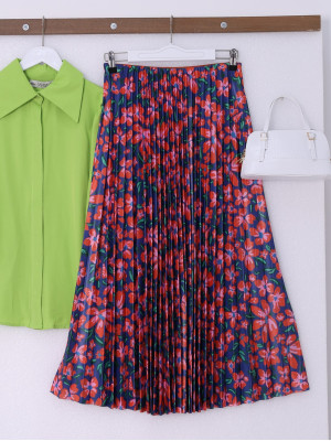 Patterned Thin Pleated Elastic Waist Skirt -Brick color