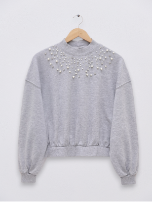 Half Turtleneck Sweat with Pearls and Stones -Grey
