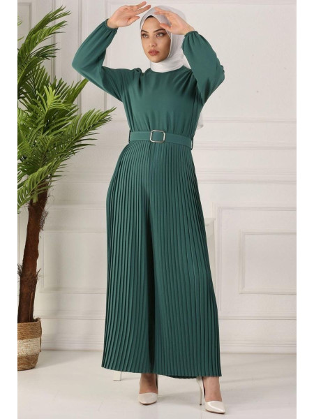 Belted Pleated Jumpsuit -Emerald