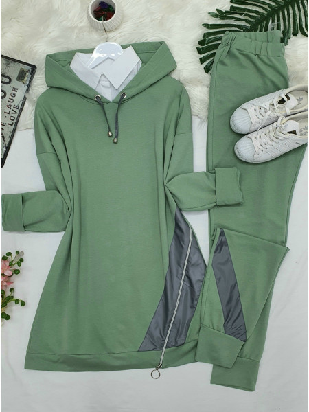 Hooded Side Zipper Detailed Combed Cotton Set  -Green
