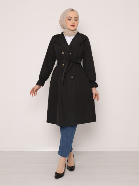 Shawl Collar Trench Coat With Sleeves Pleated Belt -Black