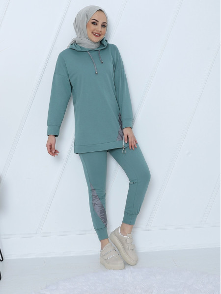 Hooded Side Zipper Detailed Combed Cotton Set -Mint Color