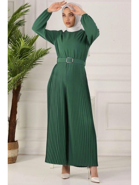Belted Pleated Jumpsuit  -Green