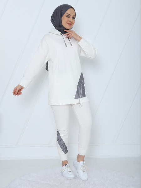 Hooded Side Zipper Detailed Combed Cotton Set -White