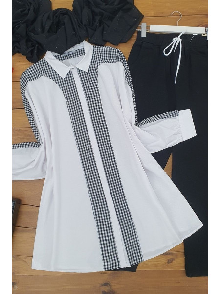 Checkered Poncho Shirt -White