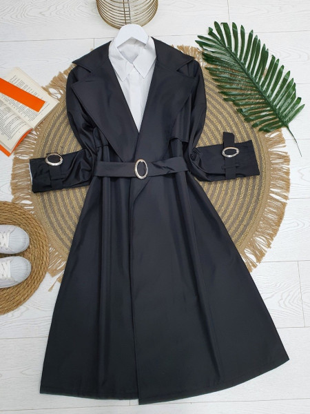 Shawl Collar Trench Coat With Buckle Sleeves and Belt -Black