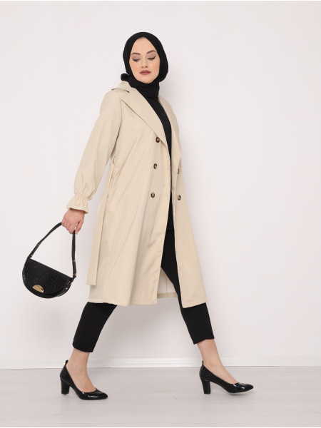 Shawl Collar Trench Coat With Sleeves Pleated Belt -Stone