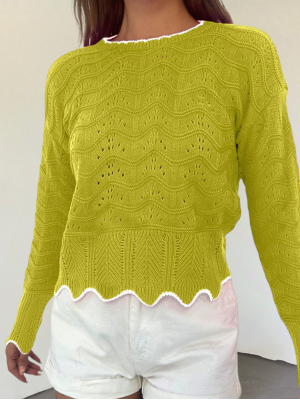 Knit Pattern Openwork Crop Knitwear Sweater -Oil Green