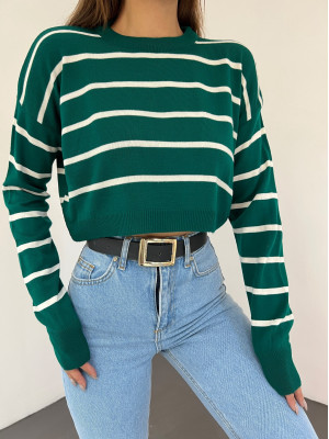 Fine Striped Crop Knitwear Sweater -Emerald