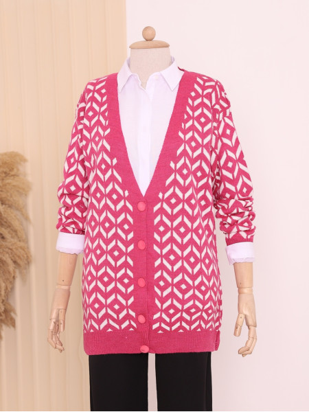 Patterned Buttoned Cardigan -Fuchsia