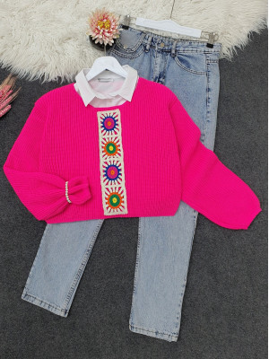 Knitted Embroidery Patterned Crop Sweater -Fuchsia