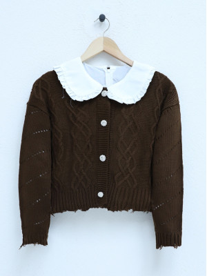 Stone Button Ripped Crop Cardigan  -Brown