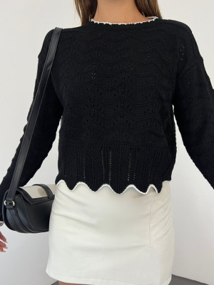 Knit Pattern Openwork Crop Knitwear Sweater -Black