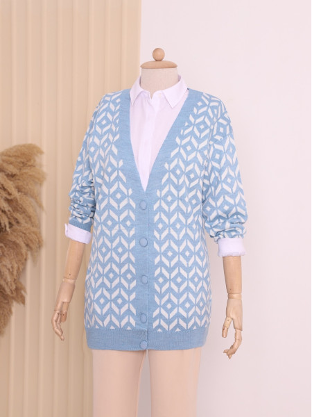 Patterned Buttoned Cardigan -Baby Blue