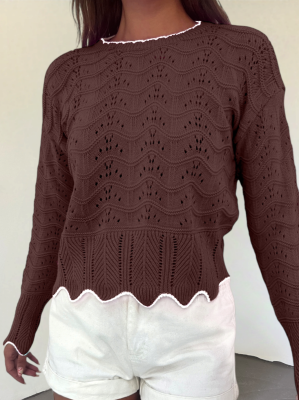 Knit Pattern Openwork Crop Knitwear Sweater -Brown